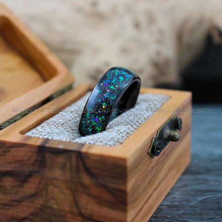 0057d6ac3c24f472b4a331b5d64d83b3 Orion Nebula Ring, Galaxy Ring, Opal Ring, Black Opal Ring, Black Tungsten Ring, Opal Wedding Ring, Opal Wedding Ring, Black Wedding Band - Image 1