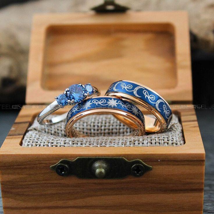 0248b7ffd07d00e6eeaff3915dd23f1a Sun and Moon Rings, Couple Rings, 3 Piece Couple Set Rose Gold Tungsten Bands, Matching Wedding Rings, Sun and Moon Wedding Bands, Sun Ring - Image 1