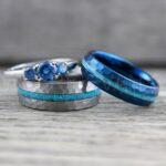 Turquoise Rings, Silver Wedding Rings, 3 Piece Couple Set Silver Tungsten Bands Hammered Finish and Turquoise Inlay, Silver Wedding Rings