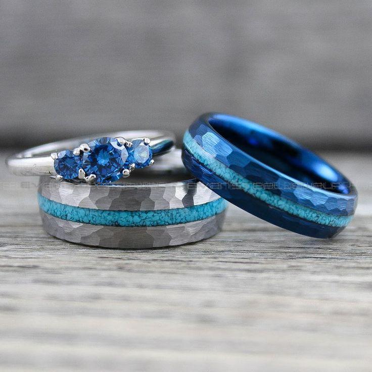 025ace91124128f39310b31a33a53b2b Turquoise Rings, Silver Wedding Rings, 3 Piece Couple Set Silver Tungsten Bands Hammered Finish and Turquoise Inlay, Silver Wedding Rings - Image 1