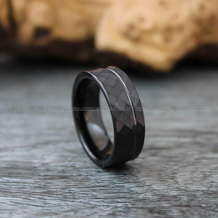 0839a61360857e40ec9c6a1518470352 Mens Wedding Ring, Hammered Ring, Hammered Wedding Ring, Black Wedding Ring, Black Wedding Band - Image 1