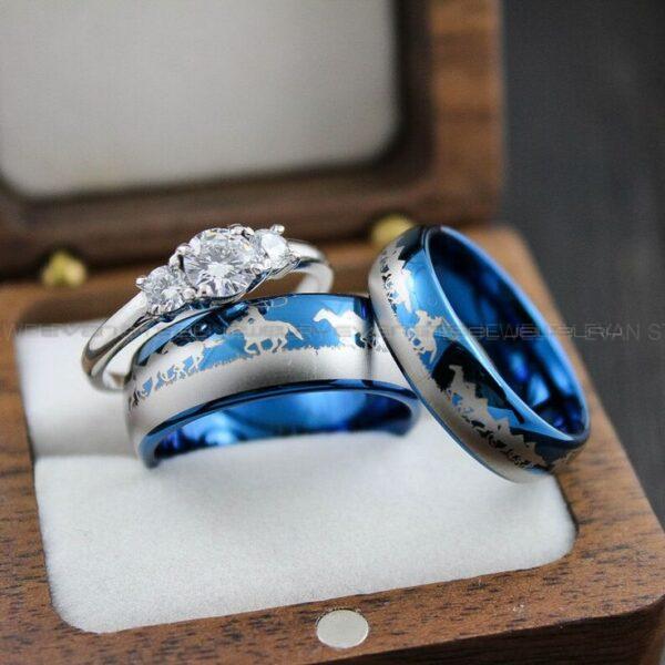 Cowboys Rings, Couple Rings, Mustang Rings, Blue Horse Rings, Equestrian Jewelry, Blue Tungsten Bands, Cowboys Ring, Cowboys Wedding Ring