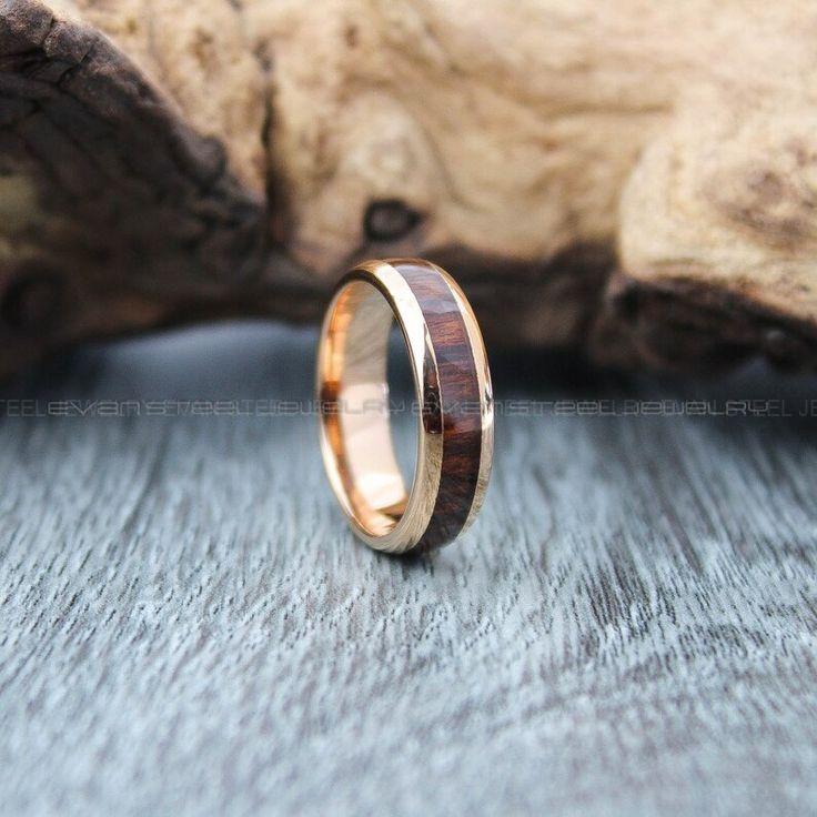 0c295cb59b3031c49a730c4d10756d68 Wood Ring, Wood Wedding Band, 6mm 14K Rose Gold Tungsten Band with Domed Edge Koa Wood Inlay Rose Gold Tungsten Wedding Band Rose Gold Ring - Image 1