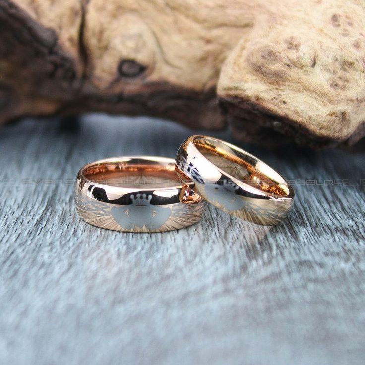 0d359f84b2cc4add4460cdb9c2745c30 Claddagh Rings, Irish Rings, 2 Piece Couple Set 14K Rose Gold Tungsten Bands with Domed Edge Irish Celtic Knot Claddagh Wedding Bands - Image 1