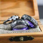 Sun and Moon Rings, Couple Rings, 3 Piece Couple Set Black Tungsten Bands, Matching Wedding Rings, Sun and Moon Wedding Bands, Sun Ring