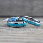 Turquoise Rings, Silver Wedding Rings, 3 Piece Couple Set Silver Tungsten Bands With Turquoise Inlay, Silver Wedding Rings, Couple Rings