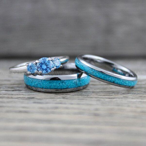 Turquoise Rings, Silver Wedding Rings, 3 Piece Couple Set Silver Tungsten Bands With Turquoise Inlay, Silver Wedding Rings, Couple Rings