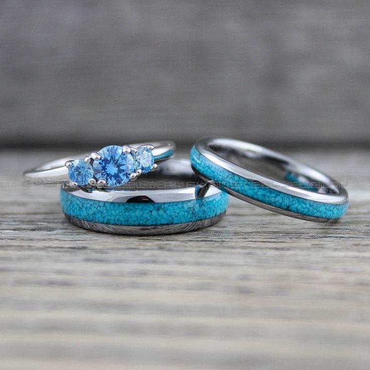 13d6ac36a07ac58f9a0ed84217f7529f Turquoise Rings, Silver Wedding Rings, 3 Piece Couple Set Silver Tungsten Bands With Turquoise Inlay, Silver Wedding Rings, Couple Rings - Image 1