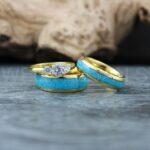 Turquoise Rings, Gold Wedding Rings, 3 Piece Couple Set Gold Tungsten Bands With Turquoise Inlay, Gold Wedding Rings, Couple Rings