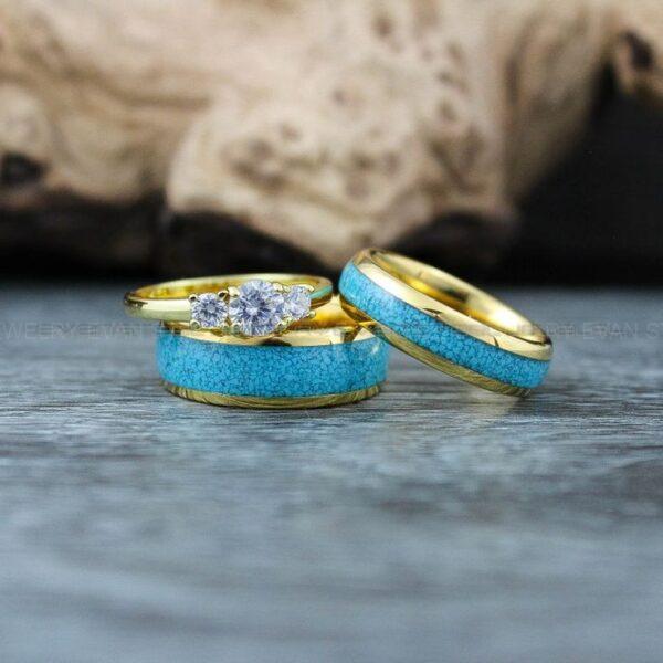 Turquoise Rings, Gold Wedding Rings, 3 Piece Couple Set Gold Tungsten Bands With Turquoise Inlay, Gold Wedding Rings, Couple Rings