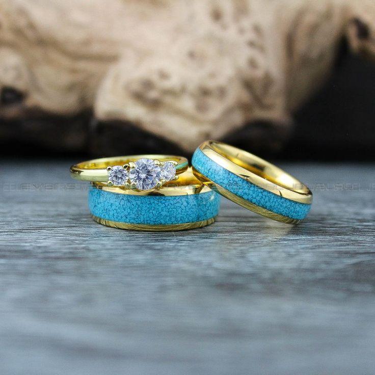 13f1cb2407c19fa9b278a1af12d087b3 Turquoise Rings, Gold Wedding Rings, 3 Piece Couple Set Gold Tungsten Bands With Turquoise Inlay, Gold Wedding Rings, Couple Rings - Image 1