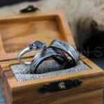 Damascus Steel Rings, Damascus Steel Wedding Rings, 3 Piece Couple Set Black Tungsten Bands .925 Sterling Silver Stone Engagement Ring