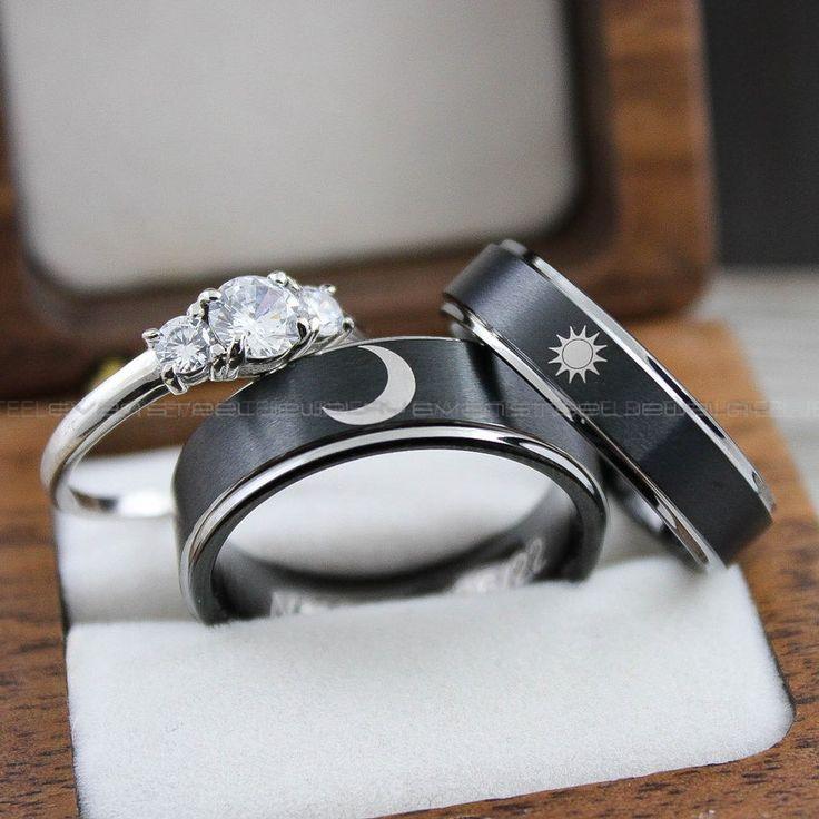 1b1a5388f4f1a520ea78ba2c2bef5dc9 Sun and Moon Rings, Couple Rings, 3 Piece Couple Set Black Tungsten Bands, Matching Wedding Rings, Sun and Moon Wedding Bands, Sun Ring - Image 1