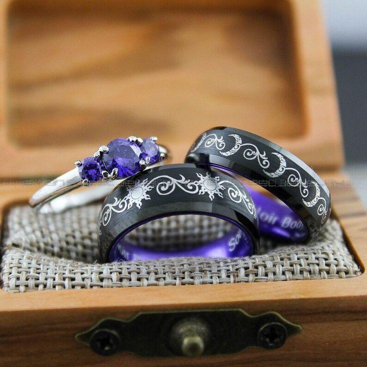 1c3b872d34d5a7f67e4211df304ed8d3 Sun and Moon Rings, Couple Rings, 3 Piece Couple Set Black Tungsten Bands, Matching Wedding Rings, Sun and Moon Wedding Bands, Sun Ring - Image 1