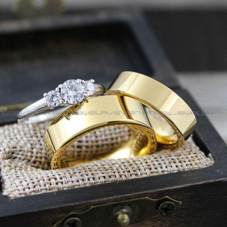 203cd52235f3a3df7dce83c08b8d3d89 Couple Rings, Couple Wedding Rings, 3 Piece Couple Set Yellow Gold Tungsten Bands, Couple Wedding Bands, Matching Rings. - Image 1