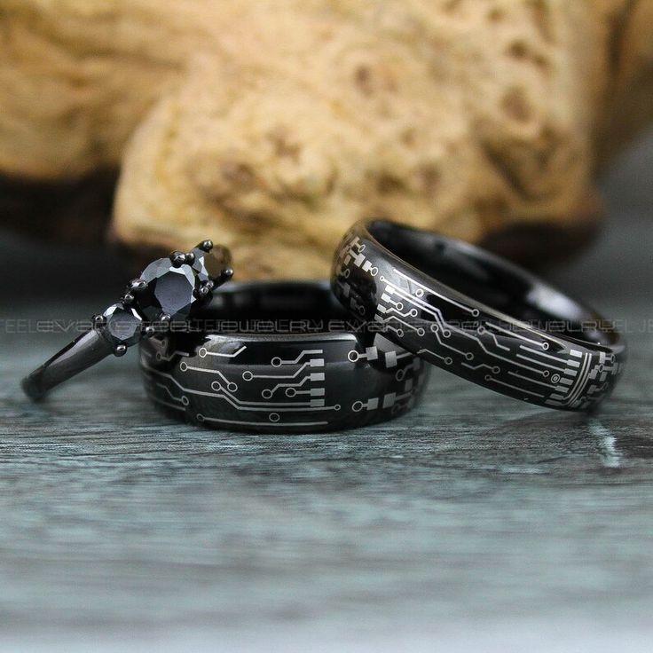 207bd9d4ff2ee4d88e9ab1ace5bd6a10 Gamer Rings, Circuit Board Rings, 3 Piece Couple Set Black Tungsten Bands Circuit Board Pattern, Gamer Wedding Rings, Couple Wedding Bands - Image 1