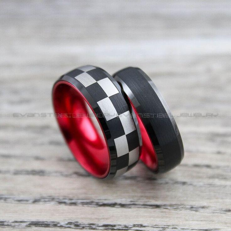 22ee4a391a4476589147d3dd1ed930ed Racing Ring, Car Racing Ring, 2 Piece Couple Set Tungsten Bands, Matching Rings, Couple Ring Set, Couple Rings, Couple Jewelry, Red Rings - Image 1