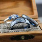 Damascus Steel Rings, Damascus Steel Wedding Rings, 3 Piece Couple Set Blue Tungsten Bands .925 Sterling Silver Stone Engagement Ring
