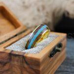 Turquoise Ring, Turquoise Wedding Ring, Turquoise Wedding Band, Yellow Gold Wedding Ring, Yellow Gold Tungsten Band, Whiskey Barrel Wood Ring