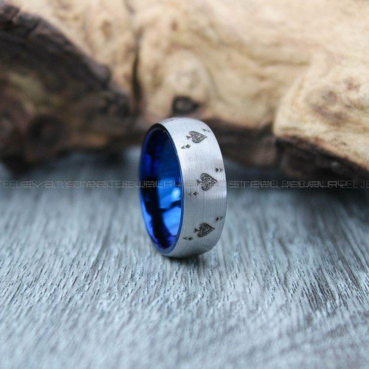 29513875778ece9c87526ed30101f51b Ace Of Spades Ring, Spade Jewelry, 8mm Silver Tungsten Band Domed Edge Brushed Finish Blue Interior Ace of Spades Poker Ring Blackjack Ring - Image 1