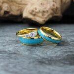 Turquoise Rings, Gold Wedding Rings, 3 Piece Couple Set Gold Tungsten Bands With Turquoise Inlay, Gold Wedding Rings, Couple Rings - Image 5