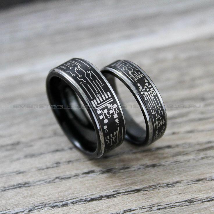 29ad23cd25d4f16a922f444eff5e6207 Gamer Ring, Circuit Board Ring, Black Tungsten Band with Circuit Board Pattern, Gamer Wedding Ring - Image 1