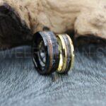 Wood Rings, Wood Wedding Bands, 2 Piece Couple Set Tungsten Bands with Two Tier Koa Wood Inlay and Silver Arrow Black Tungsten Wedding Rings