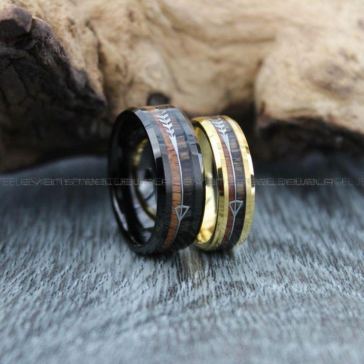 2cd737285f501c7049b6a0154ac9ae0b Wood Rings, Wood Wedding Bands, 2 Piece Couple Set Tungsten Bands with Two Tier Koa Wood Inlay and Silver Arrow Black Tungsten Wedding Rings - Image 1
