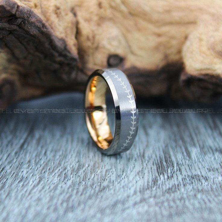 2e8090f85236ac0d9c96d5b4916a755a Baseball Ring, Baseball Wedding Band, Gunmetal Tungsten Band with Beveled Edge Brushed Finish Baseball Stitches Laser Engraved Baseball Ring - Image 1