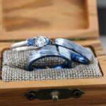 Damascus Steel Rings, Damascus Steel Wedding Rings, 3 Piece Couple Set Blue Tungsten Bands .925 Sterling Silver Stone Engagement Ring