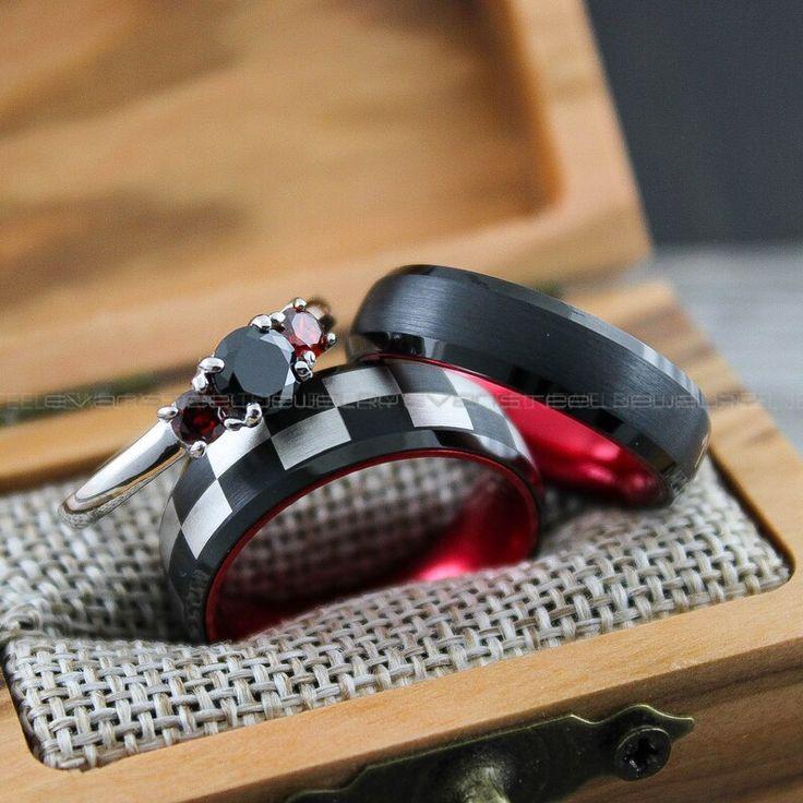 3158ff35f4382270055b89ac626787d8 Racing Ring, Car Racing Ring, 3 Piece Couple Set Tungsten Bands, Matching Rings, Couple Ring Set, Couple Rings, Couple Jewelry, Red Rings - Image 1