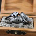 Damascus Steel Rings, Damascus Steel Wedding Rings, 3 Piece Couple Set Black Tungsten Bands .925 Sterling Silver Stone Engagement Ring