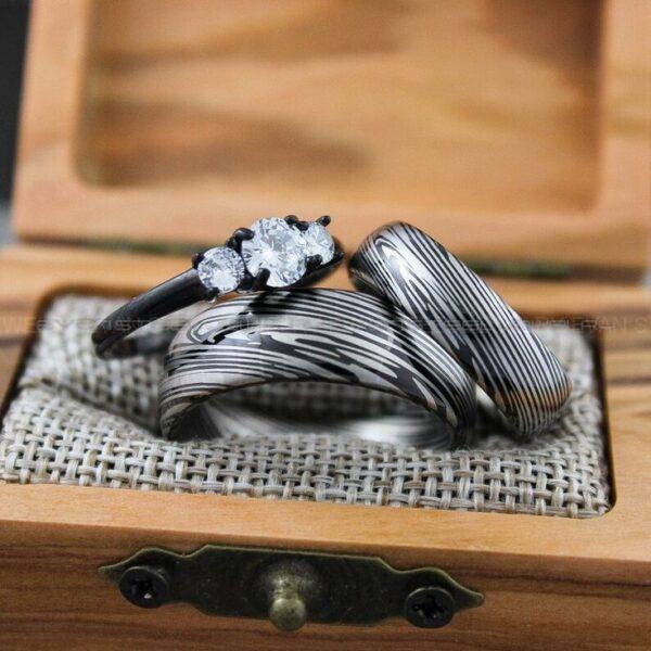 Damascus Steel Rings, Damascus Steel Wedding Rings, 3 Piece Couple Set Black Tungsten Bands .925 Sterling Silver Stone Engagement Ring