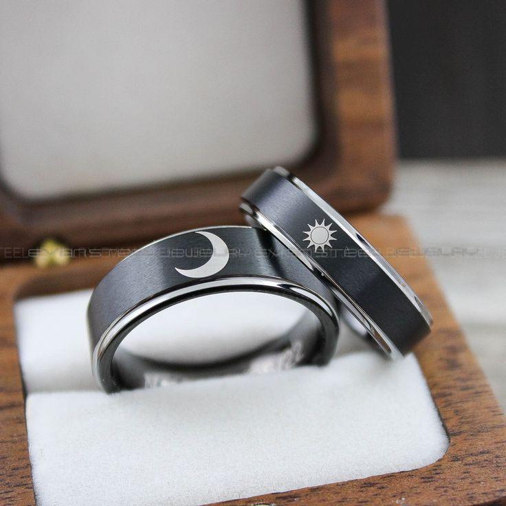37478f2df653d1051433379e745b33c6 Sun and Moon Rings, Couple Rings, 2 Piece Couple Set Black Tungsten Bands, Matching Wedding Rings, Sun and Moon Wedding Bands, Sun Ring - Image 1