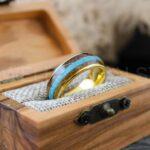 Turquoise Ring, Turquoise Wedding Ring, Turquoise Wedding Band, Yellow Gold Wedding Ring, Yellow Gold Tungsten Band, Whiskey Barrel Wood Ring - Image 7