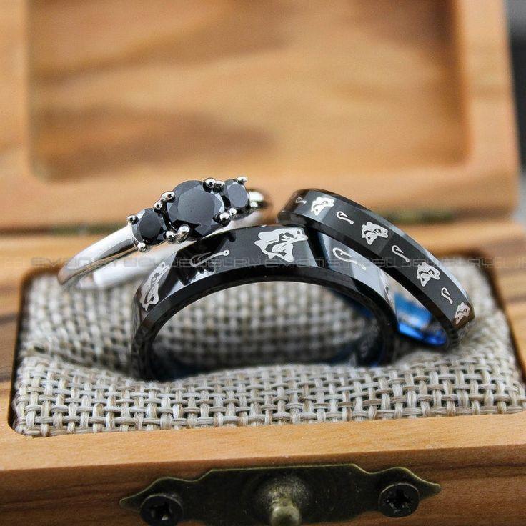 3cd9fac8f1c6d2663498449e7129b29a Fishing Rings, Bass Rings, Couple Wedding Ring Set, 3 Piece Couple Set Black Tungsten Wedding Rings, Couple Rings, Matching Wedding Rings - Image 1
