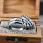Barbed Wire Rings, Barb Wire Ring, 3 Piece Couple Set 8mm and 6mm Silver Tungsten Bands Beveled Edge Polished Finish Barb Wire Laser Engraved - Image 4
