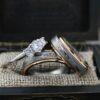 Damascus Steel Rings, Damascus Steel Wedding Rings, 3 Piece Couple Set Black Tungsten Bands .925 Sterling Silver Three Stone Engagement Ring