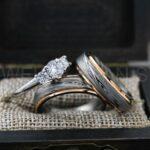 Damascus Steel Rings, Damascus Steel Wedding Rings, 3 Piece Couple Set Black Tungsten Bands .925 Sterling Silver Three Stone Engagement Ring