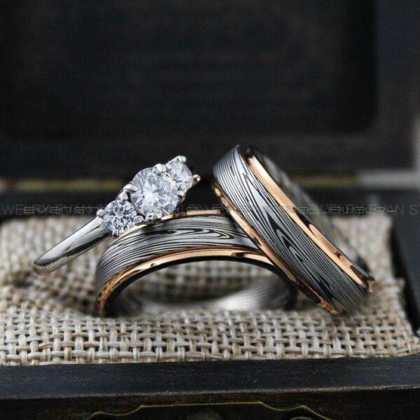 Damascus Steel Rings, Damascus Steel Wedding Rings, 3 Piece Couple Set Black Tungsten Bands .925 Sterling Silver Three Stone Engagement Ring