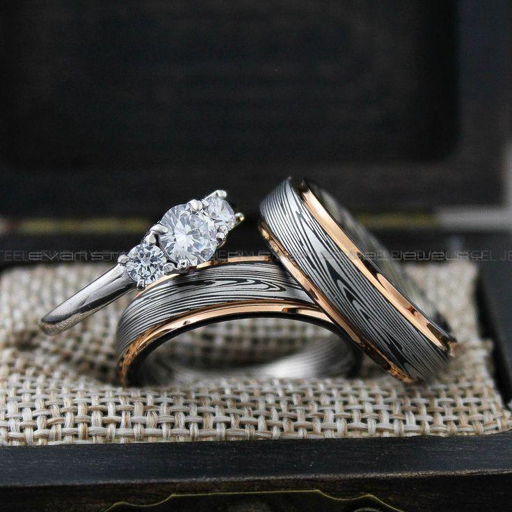 3ddac5622a97769545adc9c2fa55d21a Damascus Steel Rings, Damascus Steel Wedding Rings, 3 Piece Couple Set Black Tungsten Bands .925 Sterling Silver Three Stone Engagement Ring - Image 1