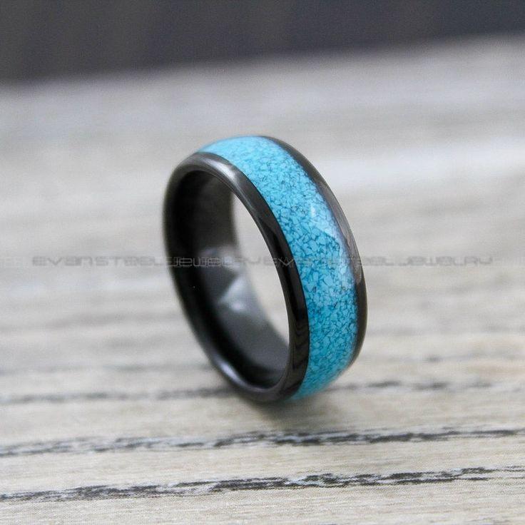 3df4bd636bf72dee8350f17c97e5dcd9 Turquoise Ring, Turquoise Wedding Ring, Turquoise Wedding Band, Black Wedding Ring, Black Tungsten Band, Black Tungsten Ring - Image 1