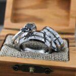 Barbed Wire Rings, Barb Wire Ring, 3 Piece Couple Set 8mm and 6mm Silver Tungsten Bands Beveled Edge Polished Finish Barb Wire Laser Engraved