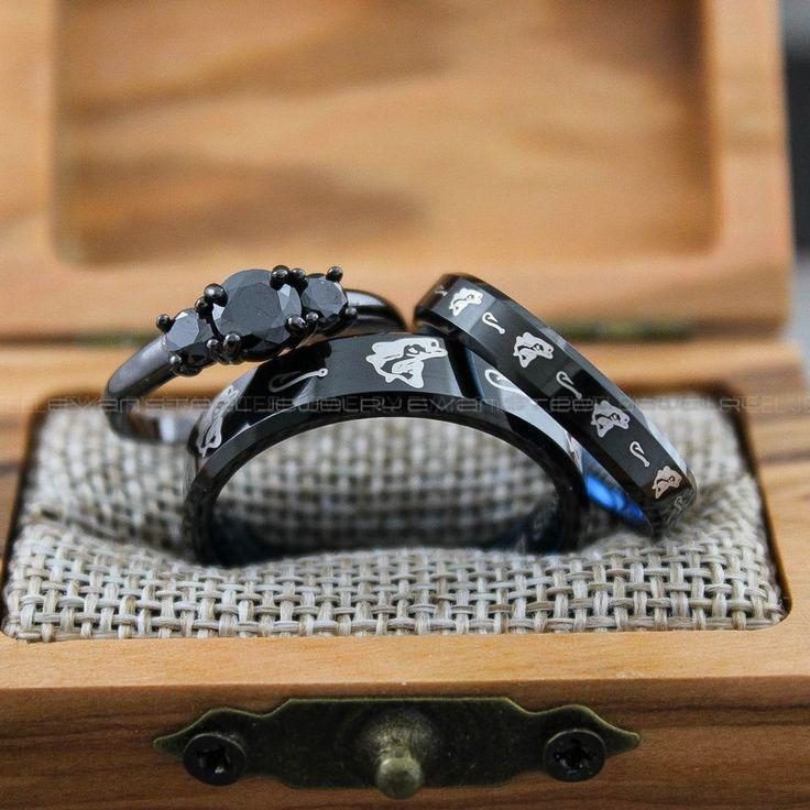 440221901763bfcf78644e07c3885ebf Fishing Rings, Bass Rings, Couple Wedding Ring Set, 3 Piece Couple Set Black Tungsten Wedding Rings, Couple Rings, Matching Wedding Rings - Image 1