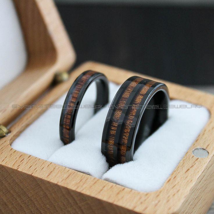 45aaac0fdc8611bec4c282e1dbc445b6 Wood Rings, Wood Wedding Bands, Wood Wedding Rings, 2 Piece Couple Set Tungsten Bands with Wood Inlay, Couple Rings, Matching Wood Rings - Image 1