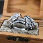 Barbed Wire Rings, Barb Wire Ring, 3 Piece Couple Set 8mm and 6mm Silver Tungsten Bands Beveled Edge Polished Finish Barb Wire Laser Engraved