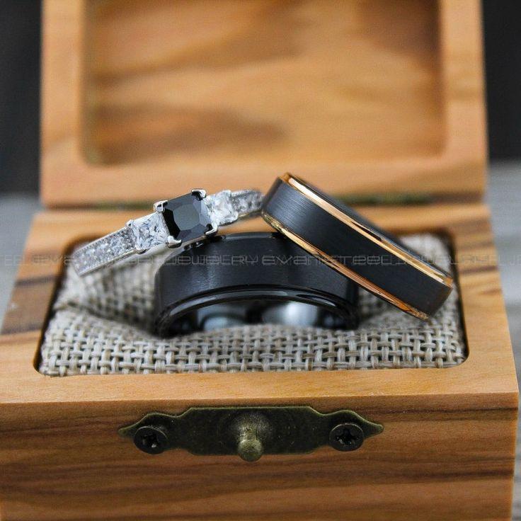4ae2012f397d57025c2de5b79e8e599b Couple Rings, Couple Wedding Bands, Matching Couple Rings, 3 Piece Wedding Ring Set, Black Wedding Rings, Black Wedding Bands, Bridal Rings - Image 1