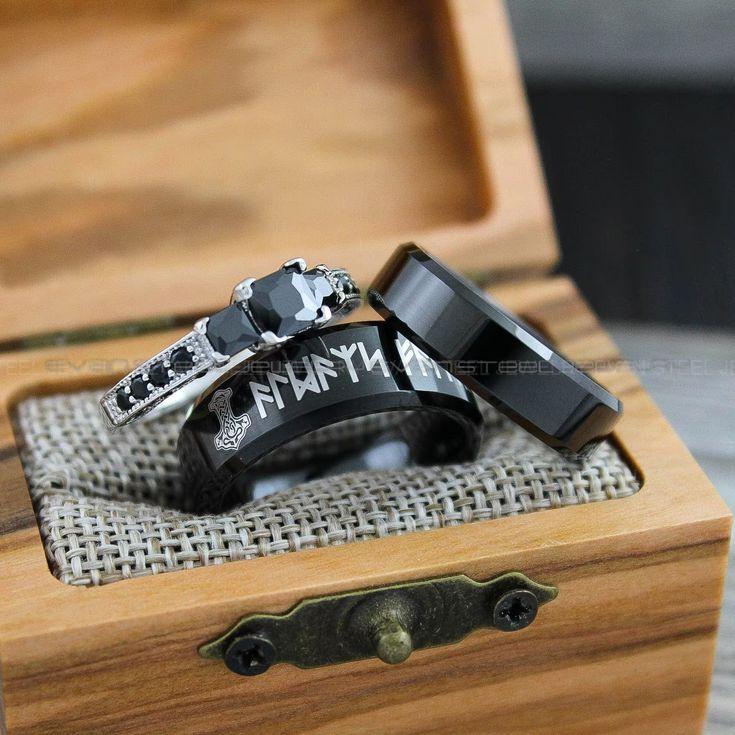 57567352e4789e320a5ff024dabb12d6 Mjolnir Rings, Vikings Rings, Viking Runes Rings, Norsemen Rings, Nordic Runes Rings, Black Tungsten Bands, Black Wedding Rings, Black Wedding Bands - Image 1