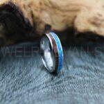 Opal Ring, Opal Wedding Band, 6mm Two Tier Silver Tungsten Band with Domed Edge Blue Opal and Koa Wood Inlay Silver Tungsten Wedding Band