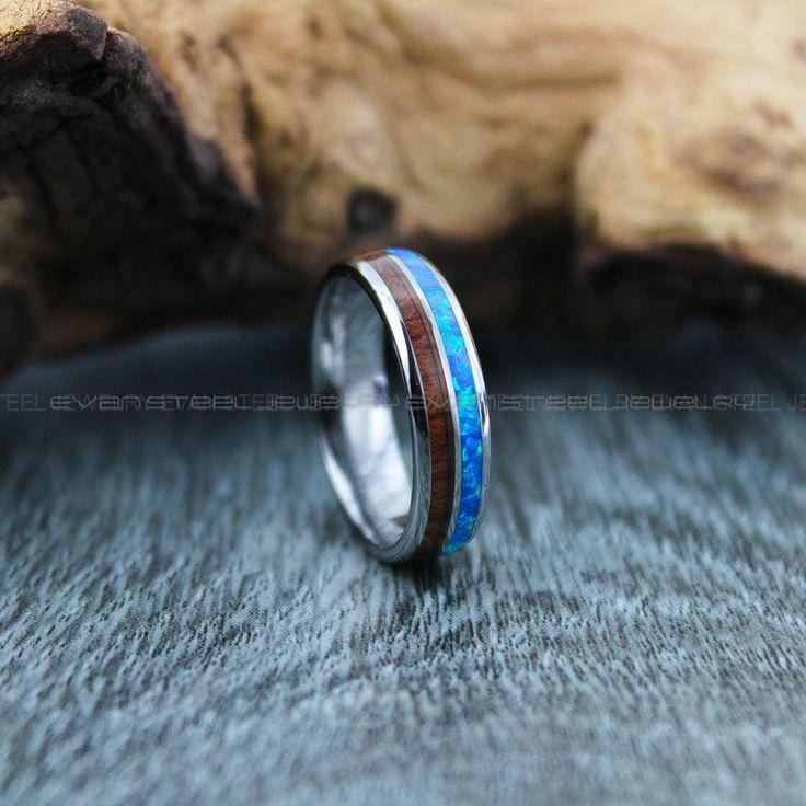 57cf175970a490ab0a6bced368f6cf20 Opal Ring, Opal Wedding Band, 6mm Two Tier Silver Tungsten Band with Domed Edge Blue Opal and Koa Wood Inlay Silver Tungsten Wedding Band - Image 1